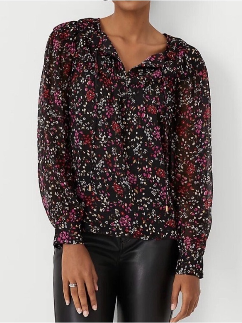 Ann Taylor floral black and pink long sleeve blouse - XXS